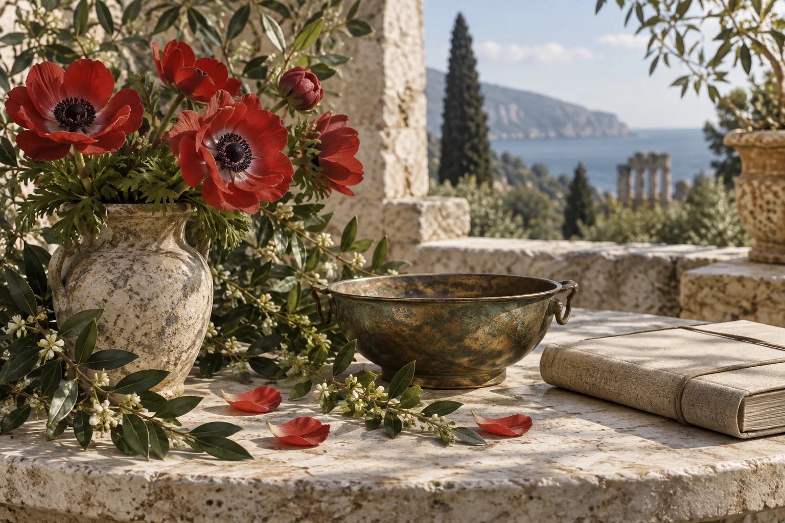 Red anemones, myrtle leaves and an antique bronze bowl