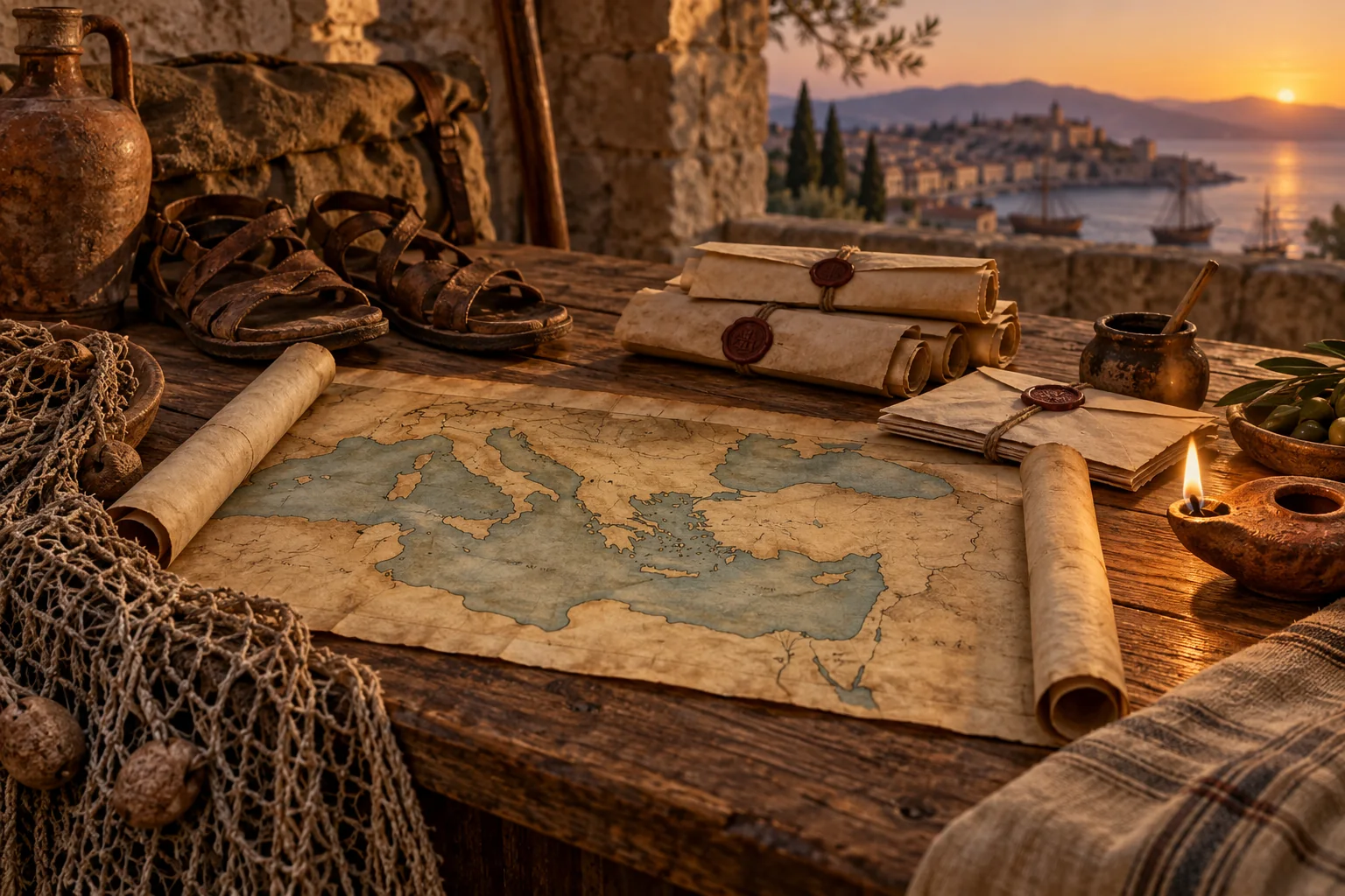 A first-century mission table with map, letters, sandals and lamp