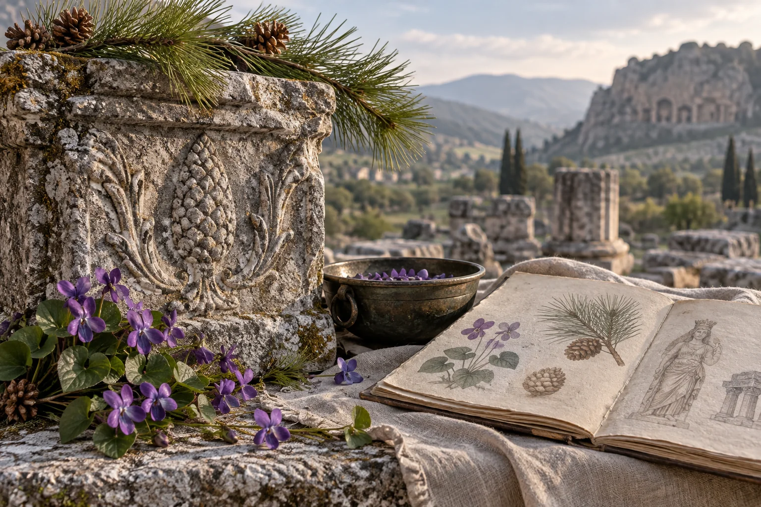 Pine branches and violets beside a Phrygian archaeological study