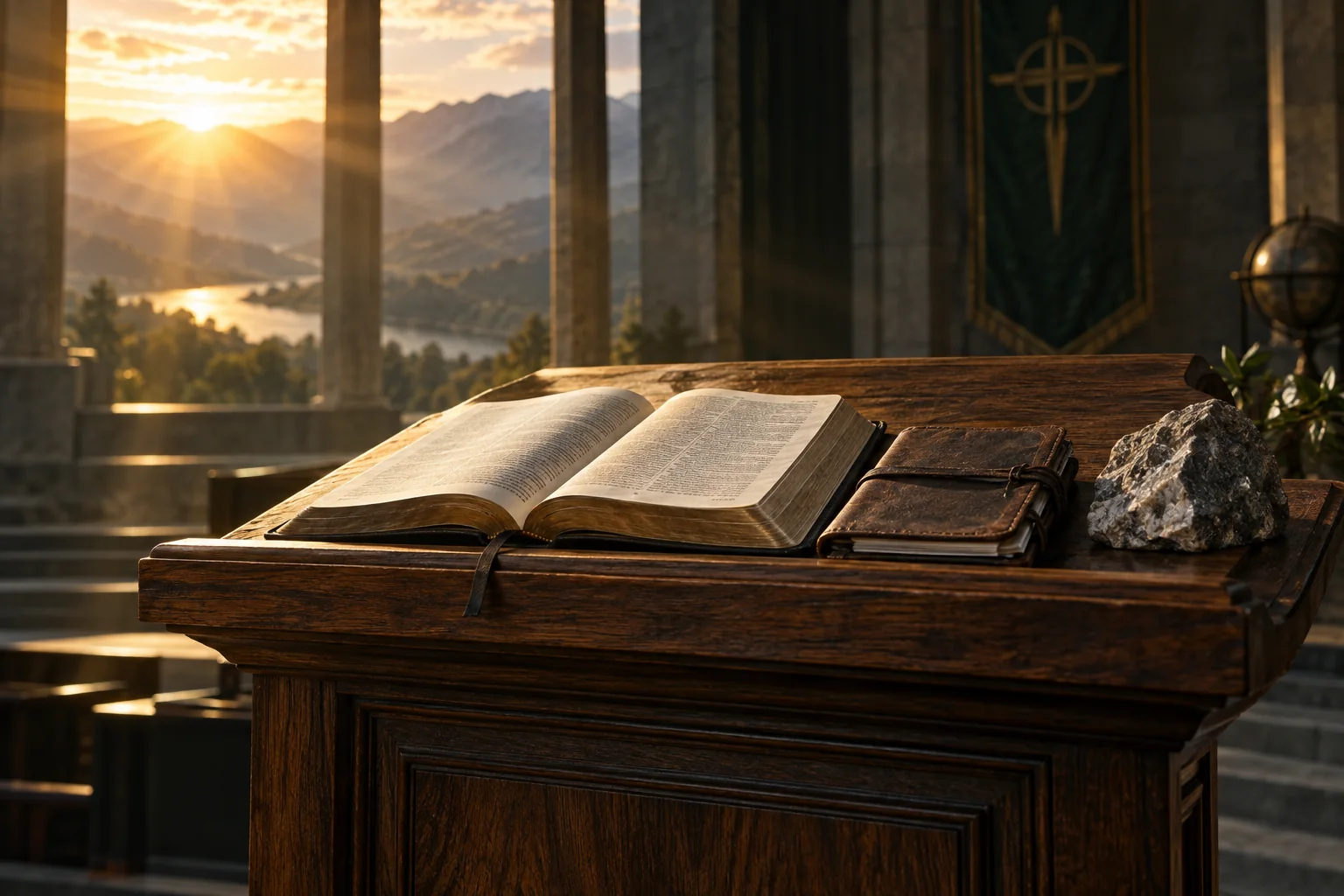 An open Bible and geological specimen on a sunlit lectern