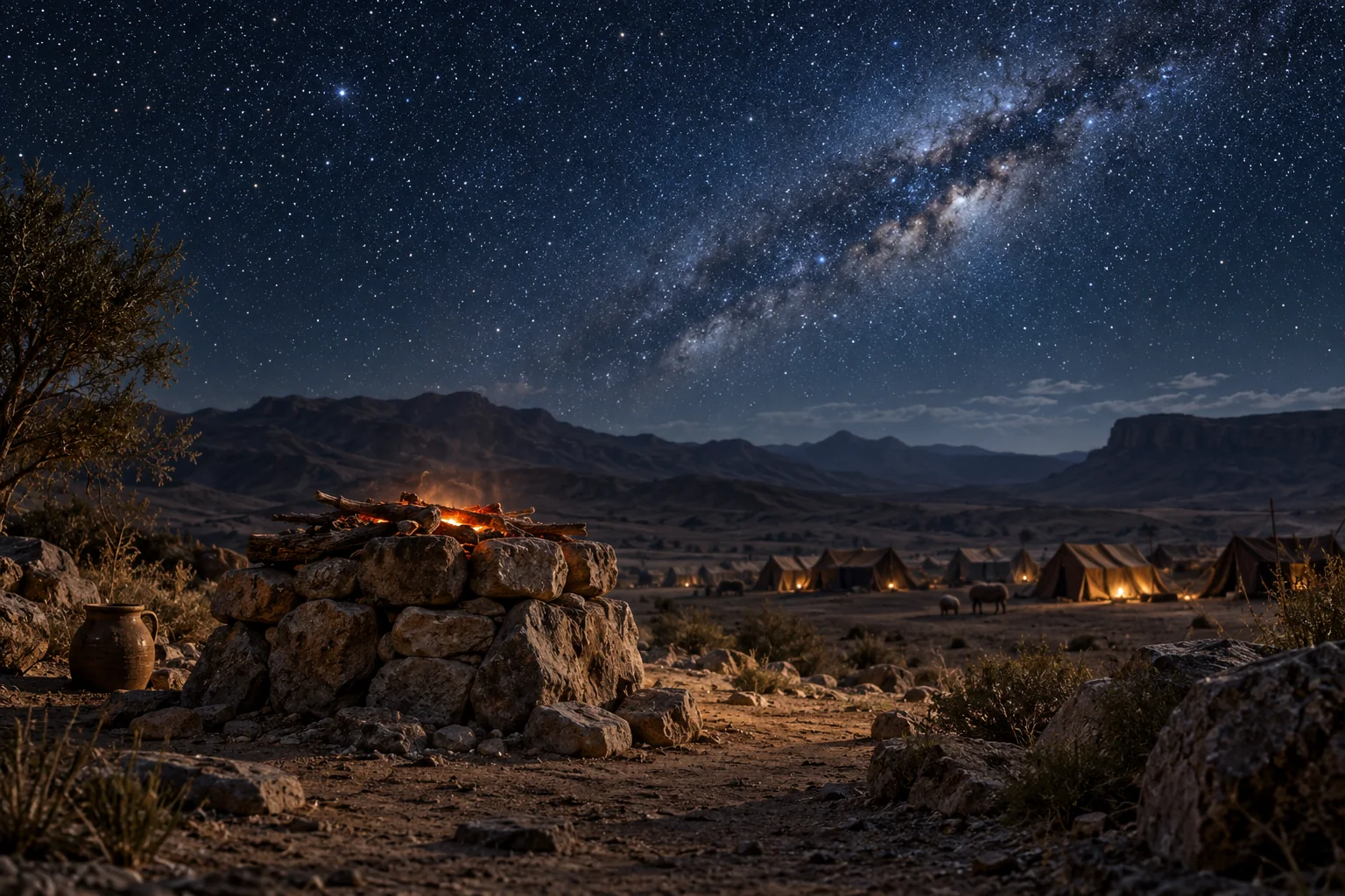 A desert altar beneath an immense star-filled sky