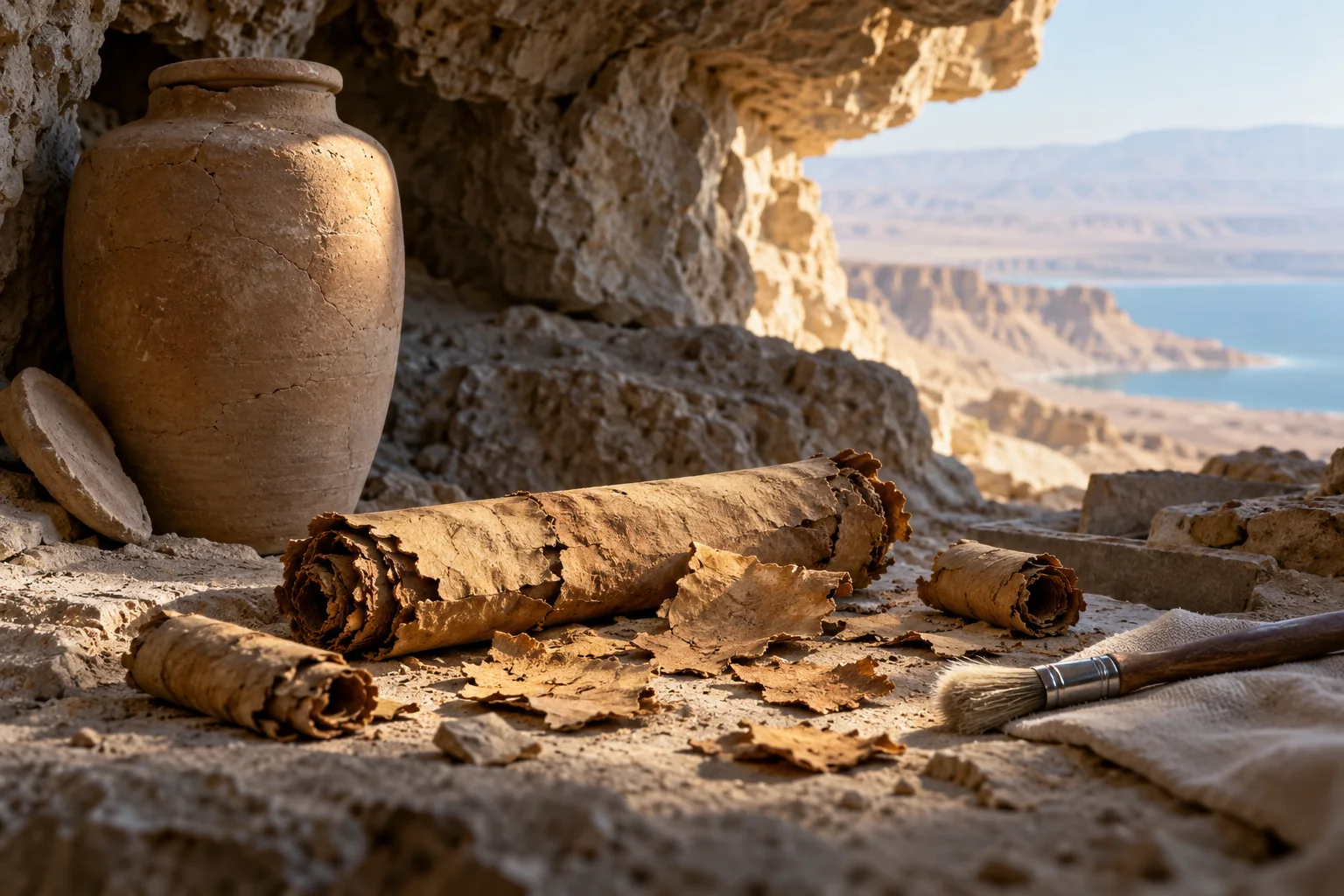 Ancient scroll fragments and a clay jar inside a limestone cave