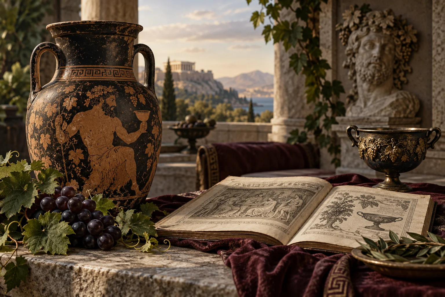 A Greek amphora, grapes and an open historical folio