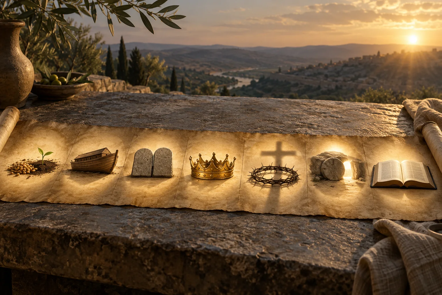 Biblical symbols arranged across seven illuminated eras
