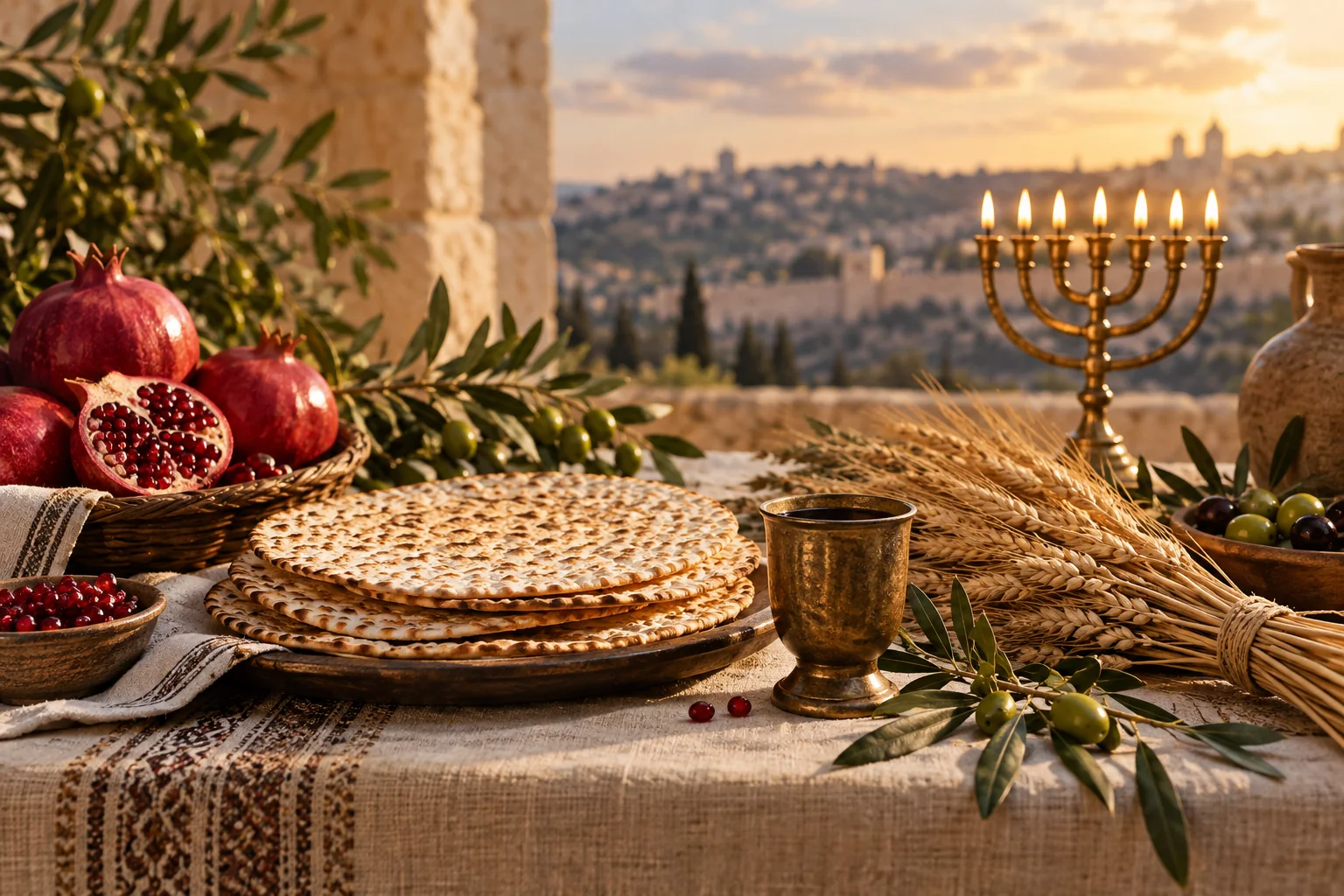 Bread, pomegranates, wheat and a menorah on a festival table