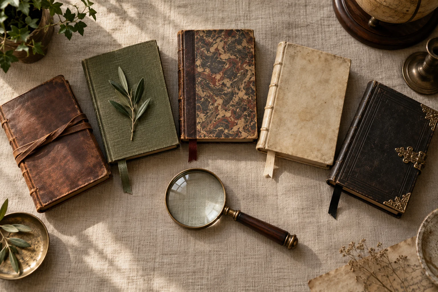 Five distinct scholarly notebooks arranged around a magnifying glass