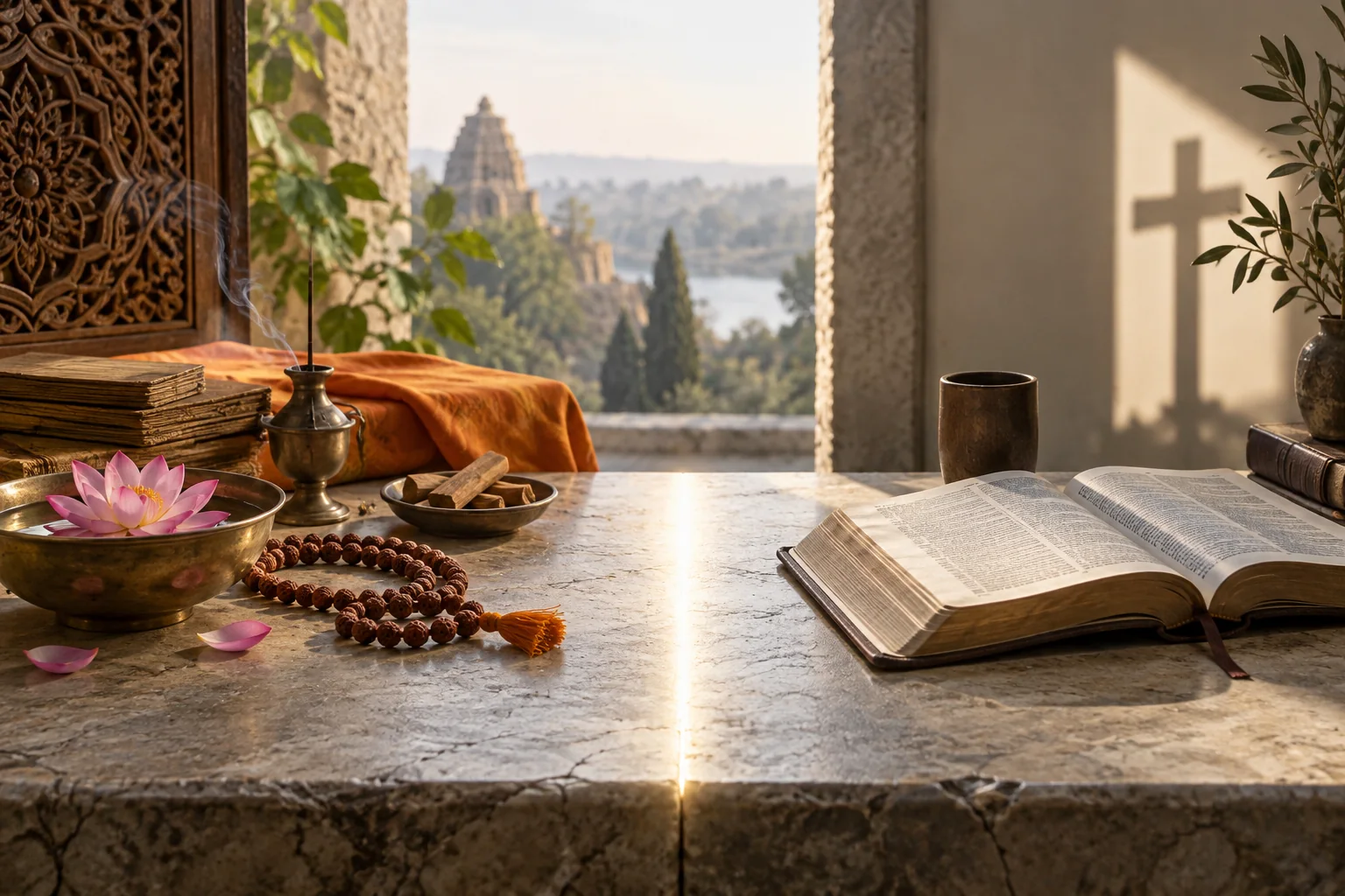 Two respectful faith-study settings meeting in natural light