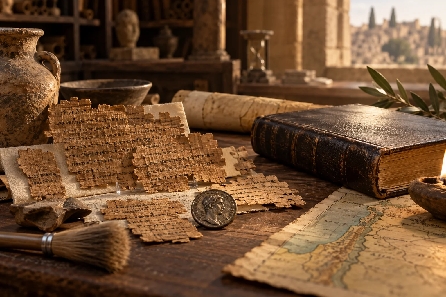 Papyrus, a Roman coin and archaeological tools arranged as evidence