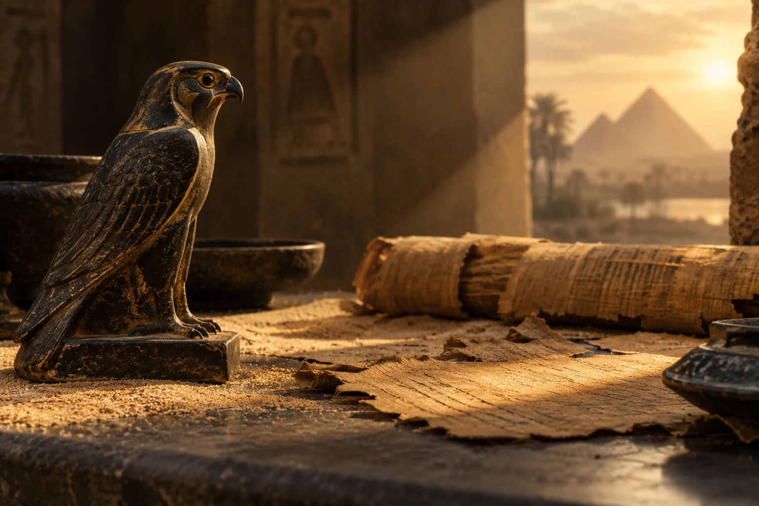 An Egyptian falcon antiquity studied alongside papyrus fragments