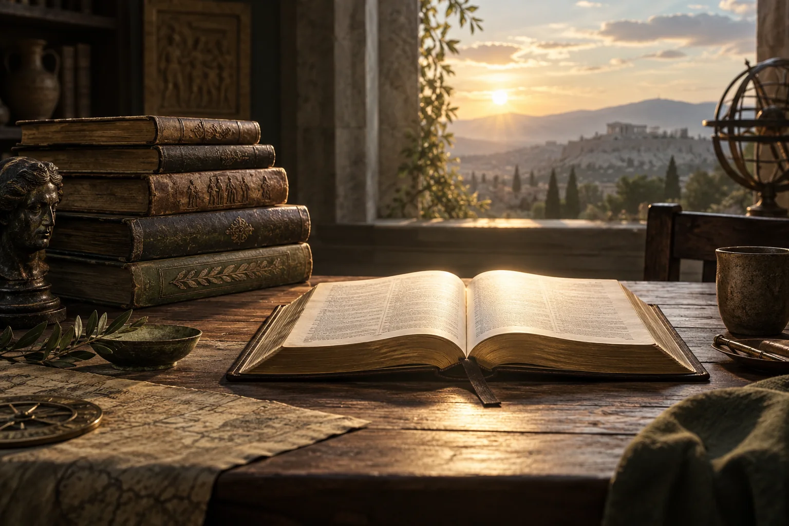 Completed research folios gathered beside an illuminated open Bible
