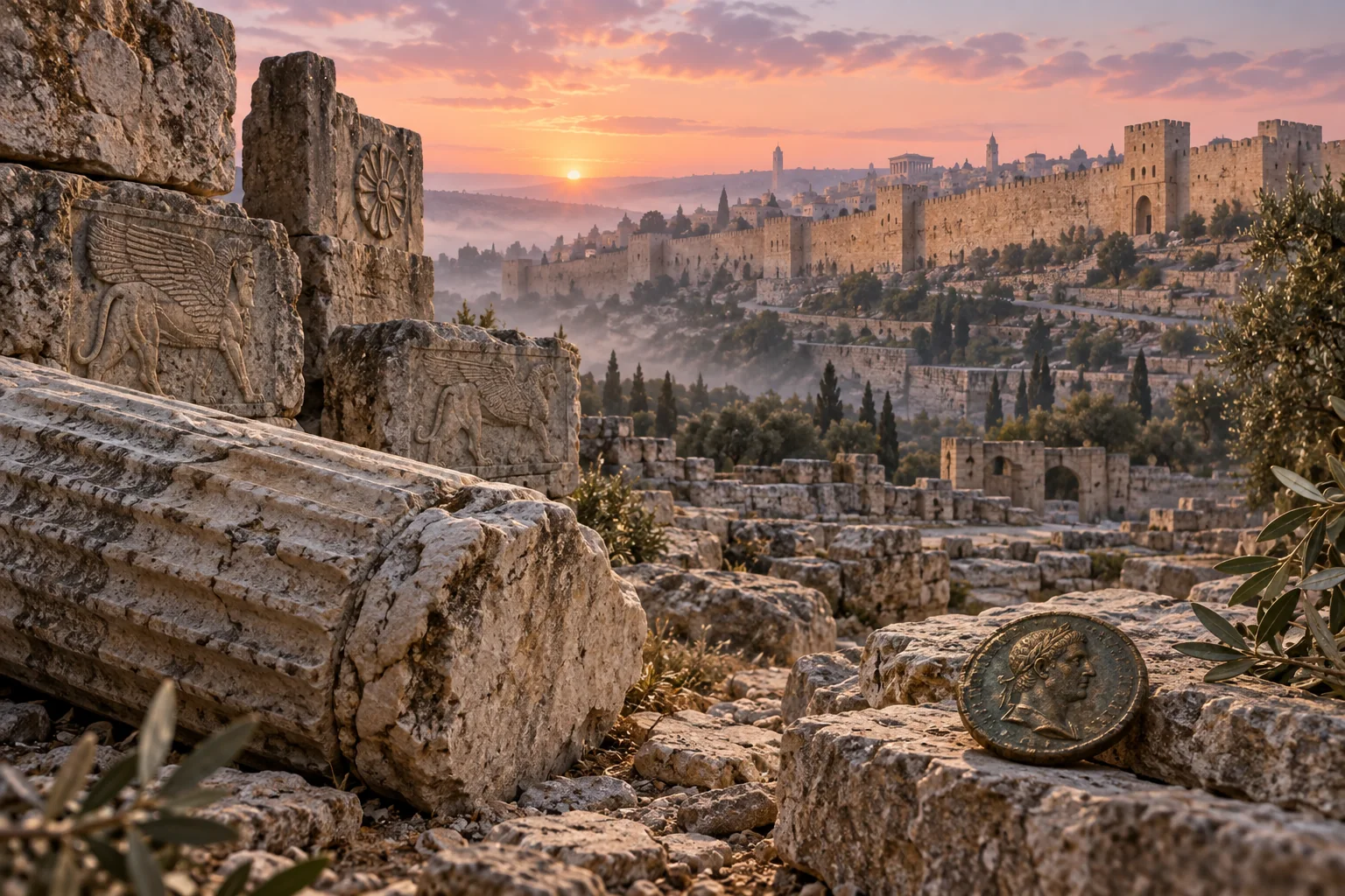 Jerusalem ruins, a Roman coin and a distant city wall