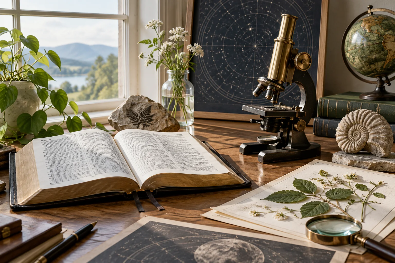 A Bible studied alongside a microscope and natural specimens