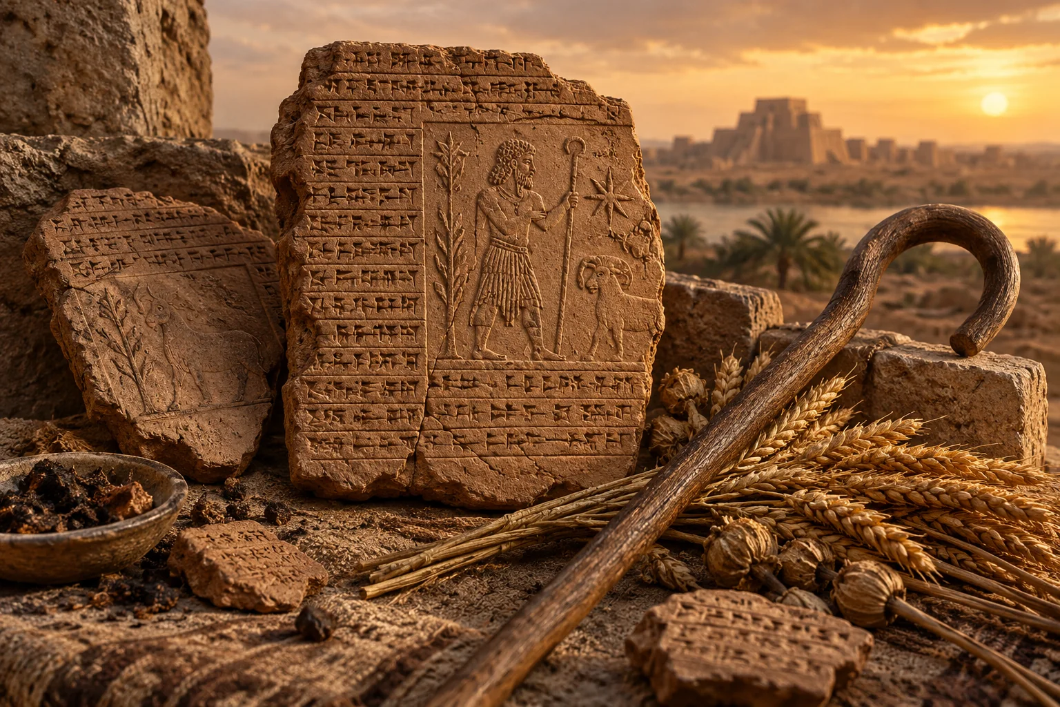 Mesopotamian clay tablets, grain and a shepherd staff