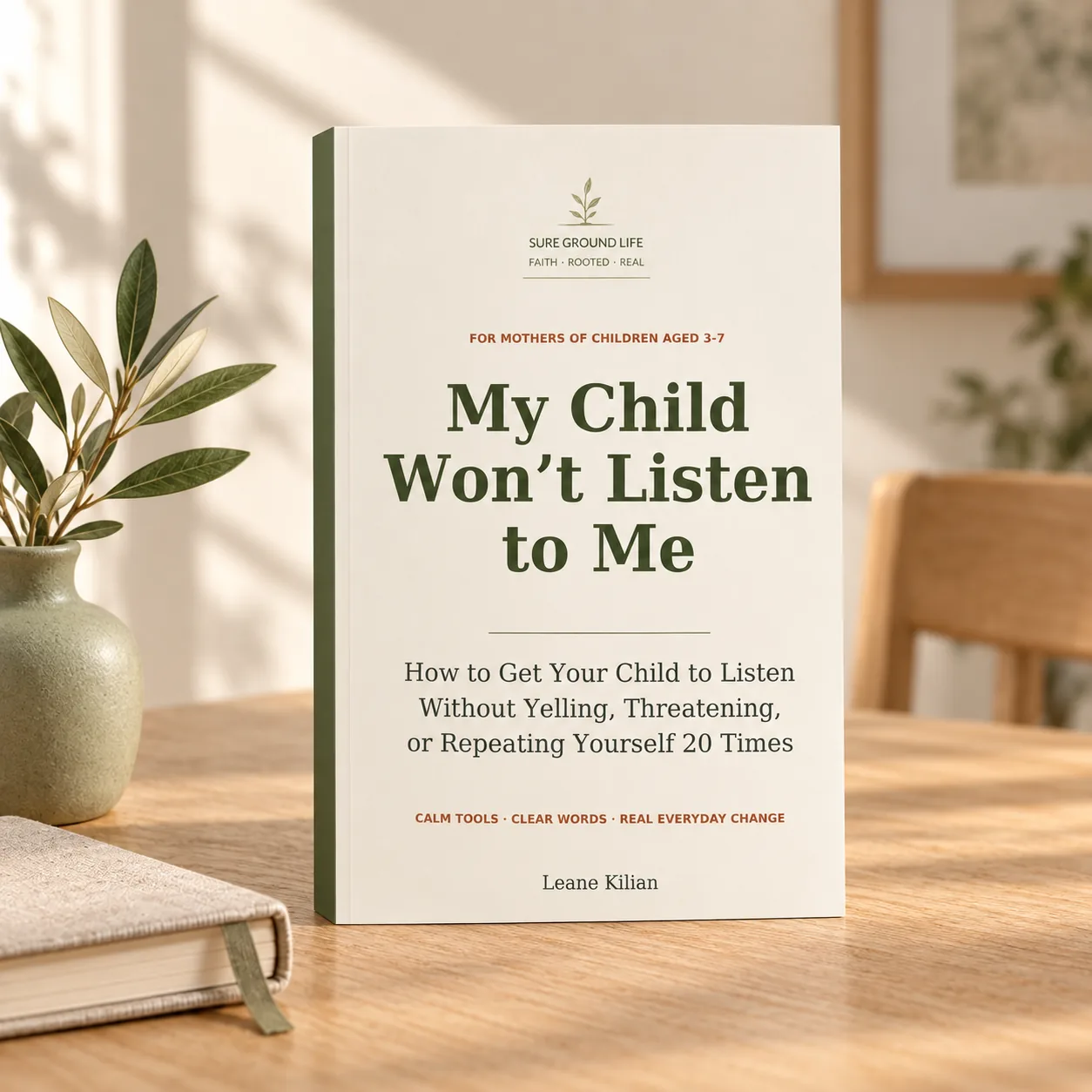 My Child Won't Listen to Me displayed as an upright book on a warm wooden table