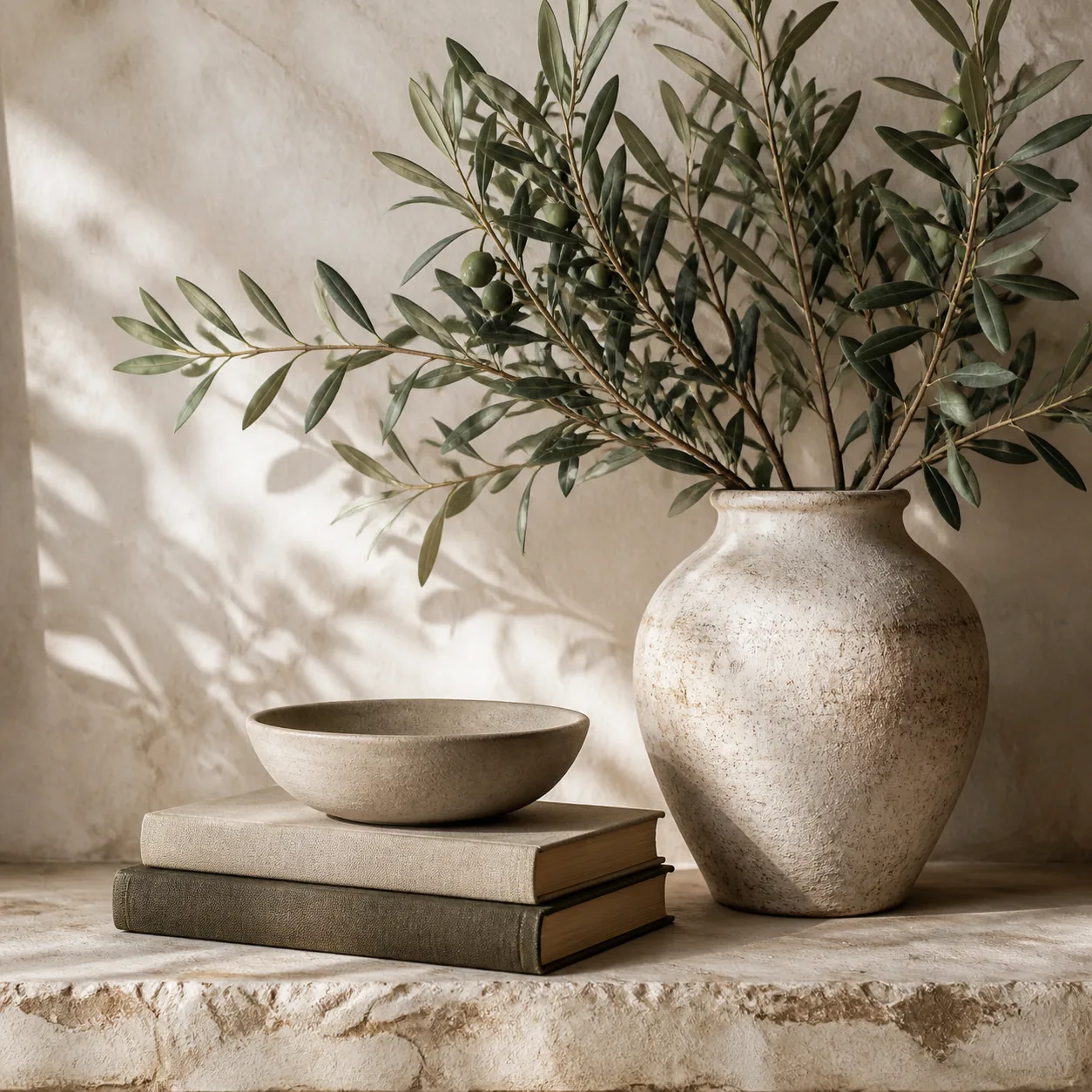 Olive branches, books and handcrafted pottery